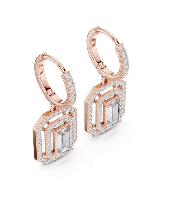 Octagonal emerald-cut diamond drop earrings with double halo in rose gold