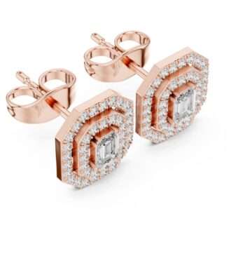 Octagonal emerald-cut diamond halo stud earrings in rose gold