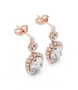 Round Diamond Halo Dangle Earrings in 18K Rose Gold