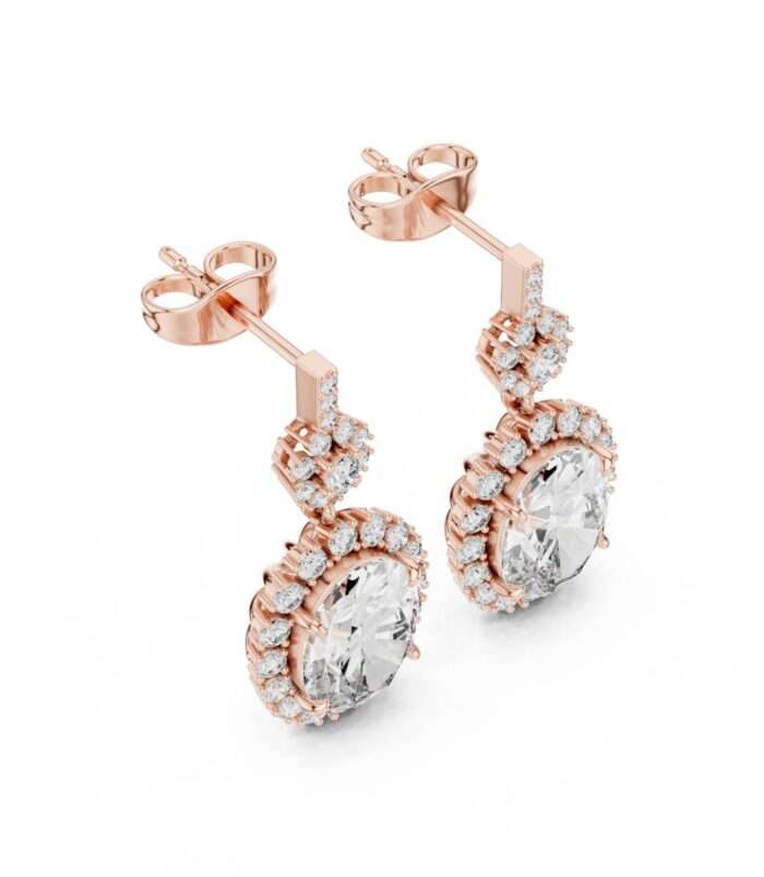 Round Diamond Halo Dangle Earrings in 18K Rose Gold