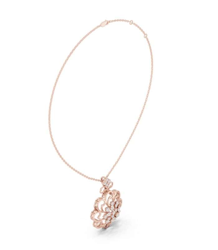 Intricate Floral Scrollwork Diamond Cluster Pendant in 18K Rose Gold by Diora Jewels.