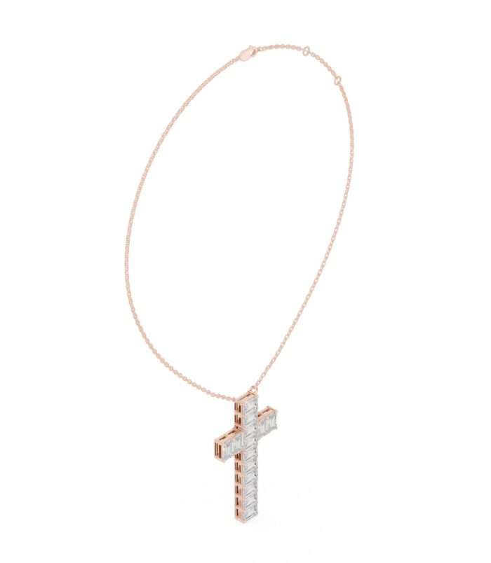 9#10019P_31@R-#viwe1 Baguette Diamond Cross Pendant Necklace in rose gold with baguette-cut diamonds