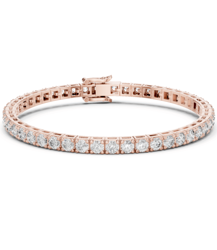 Emerald cut diamond tennis bracelet in 18K rose gold.