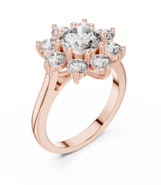 Rose Gold Floral Diamond Cluster Ring with central and halo diamonds.