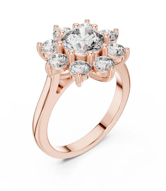 AGDLR-273@R-#viwe2 Rose Gold Floral Diamond Cluster Ring with central and halo diamonds.