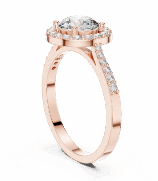 Rose Gold Round Diamond Halo Engagement Ring with pave diamond band.