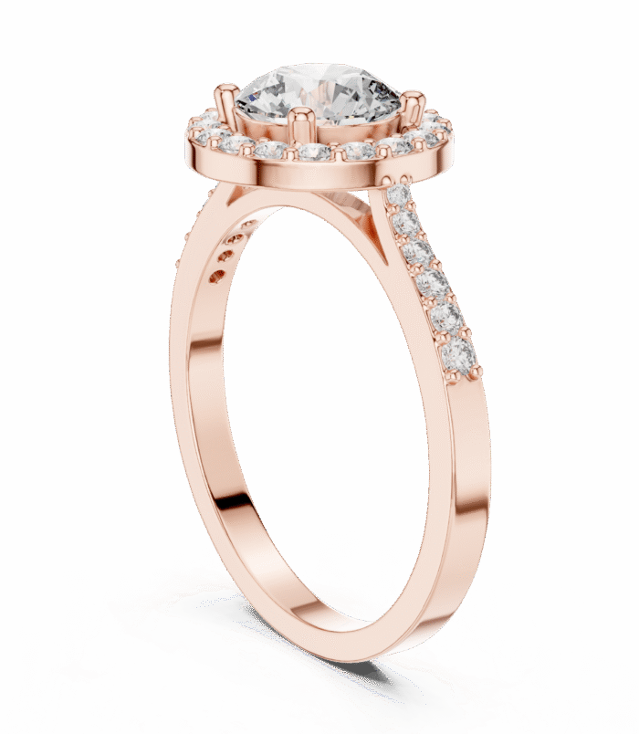 Rose Gold Round Diamond Halo Engagement Ring with pave diamond band.