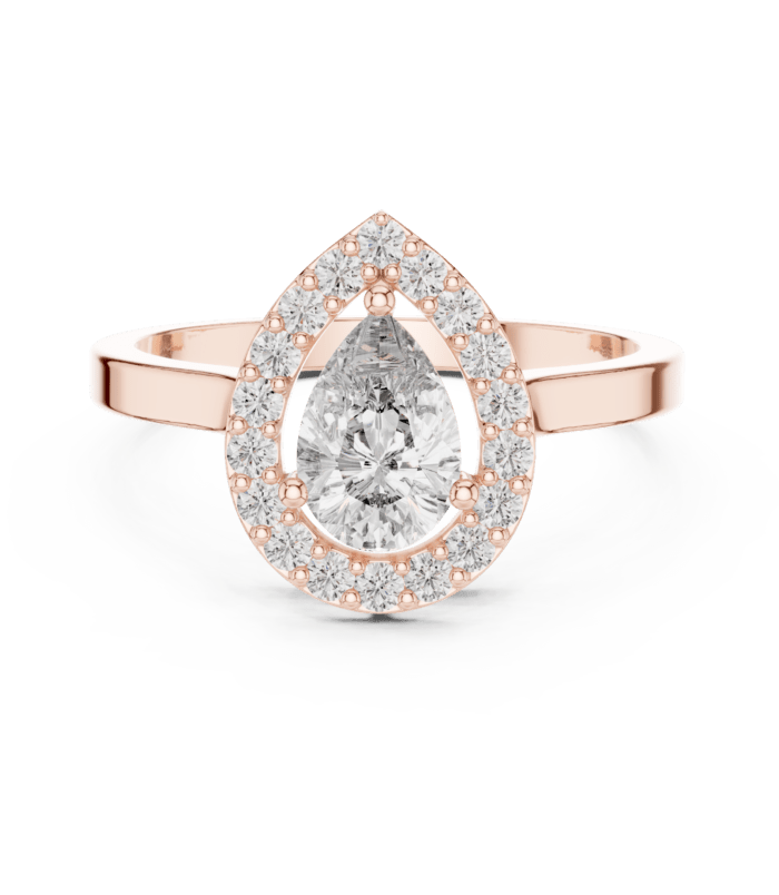 ALR-30-02@R-#viwe4 Pear halo diamond ring in rose gold with pear-shaped center diamond and diamond halo