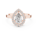 Pear halo diamond ring in rose gold with pear-shaped center diamond and diamond halo