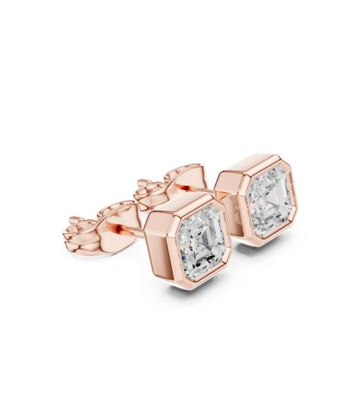 DDER -001 -AC-01@R-#viwe1 Asscher Cut Bezel Set Diamond Stud Earrings in 18K Rose Gold