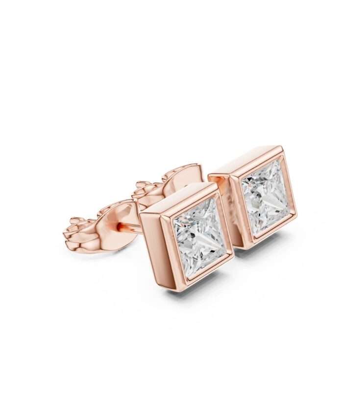 DDER -001 -PR-01@R-#viwe1 Princess Cut Bezel Set Diamond Stud Earrings in 18K Rose Gold