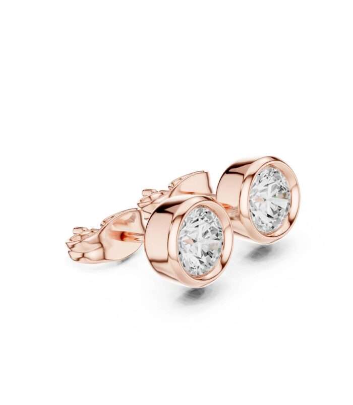 Round Brilliant Cut Bezel Set Diamond Stud Earrings in 18K Rose Gold