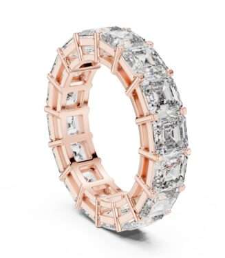 Asscher Cut Diamond Eternity Band Ring in 18K Rose Gold with Bar Setting