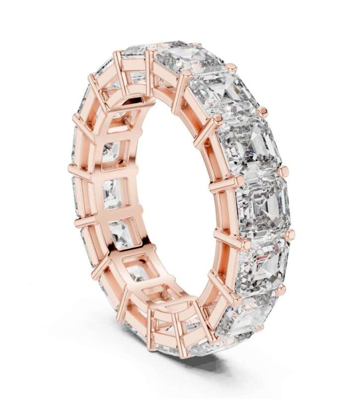 Asscher Cut Diamond Eternity Band Ring in 18K Rose Gold with Bar Setting