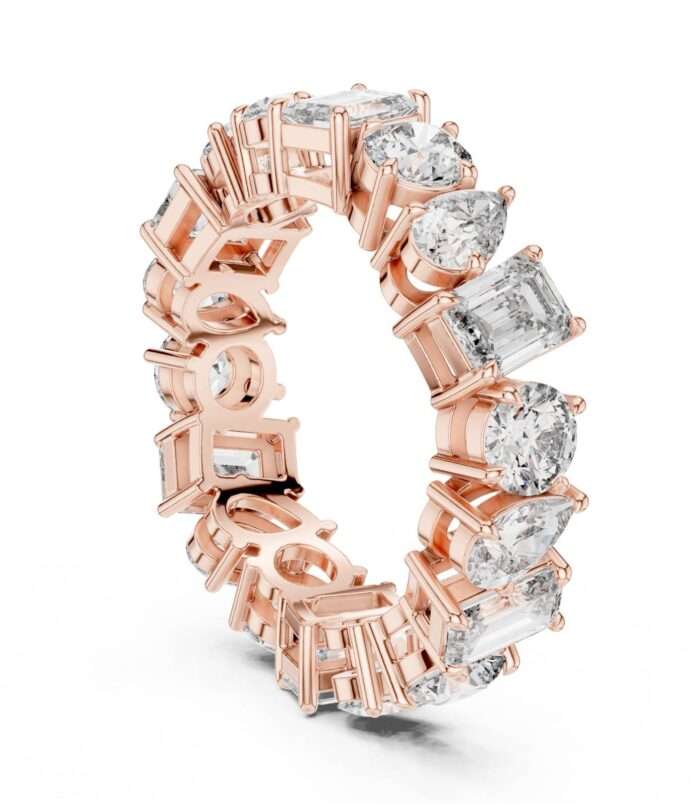 Mixed Cut Diamond Eternity Band Ring with Round, Cushion, Emerald, Radiant, and Pear-cut diamonds in 18K Rose Gold