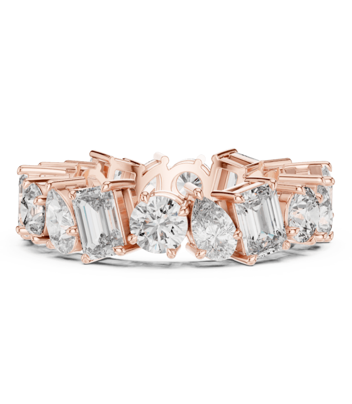 Frontal view of a Mixed Cut Diamond Eternity Band Ring in 18K Rose Gold, showcasing alternating diamond shapes — round, cushion, emerald, radiant, and pear — for a modern, artistic look.