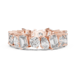 Frontal view of a Mixed Cut Diamond Eternity Band Ring in 18K Rose Gold, showcasing alternating diamond shapes — round, cushion, emerald, radiant, and pear — for a modern, artistic look.