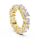 Mixed Cut Diamond Eternity Band Ring in 18K Yellow Gold, featuring an elegant mix of diamond cuts — round, cushion, emerald, radiant, and pear — encircling a luminous golden band.