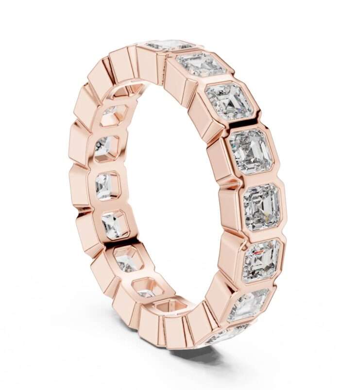 Asscher diamond eternity band in rose gold with bezel set asscher cut diamonds