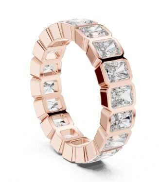 Bezel set princess cut diamond eternity band in rose gold with full bezel settings