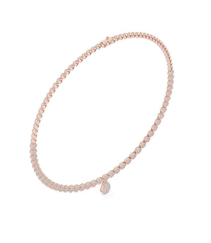 Round Cluster Diamond Riviera Choker with Pear Drop in 18K Rose Gold by Diora Jewels.