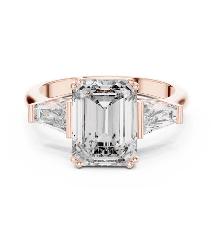 LR-0047@R-#viwe4 Emerald cut diamond ring in rose gold with tapered side diamonds