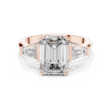 Emerald cut diamond ring in rose gold with tapered side diamonds