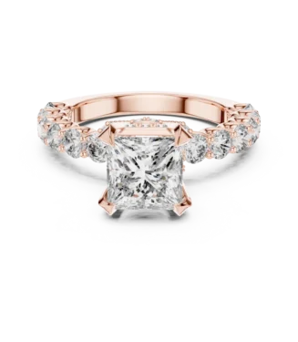 Rose gold radiant cut diamond ring with large round side diamonds