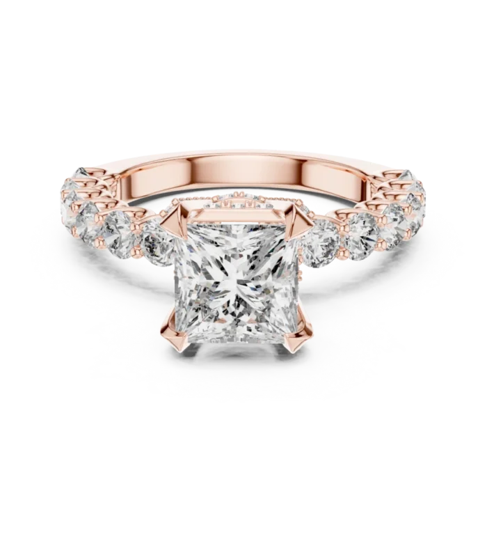 Rose Gold Radiant Cut Diamond Ring with Round Side Diamonds Rose gold radiant cut diamond ring with large round side diamonds