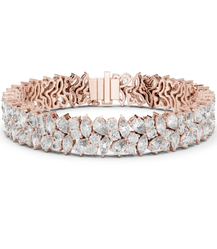 Two-row pear and marquise diamond cluster bracelet in white gold