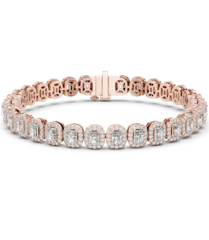 image (28) Emerald Cut Diamond Halo Bracelet in Rose Gold with round diamond halos.
