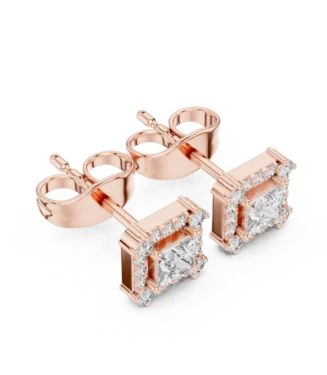 Octagon Double Halo Emerald Cut Diamond Stud Earrings in Rose Gold