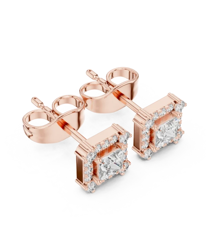 Octagon Double Halo Emerald Cut Diamond Stud Earrings in Rose Gold