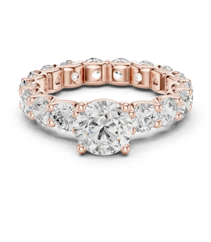 Round Brilliant Cut Diamond Eternity Band Ring in Rose Gold featuring a continuous line of hand-set round diamonds.