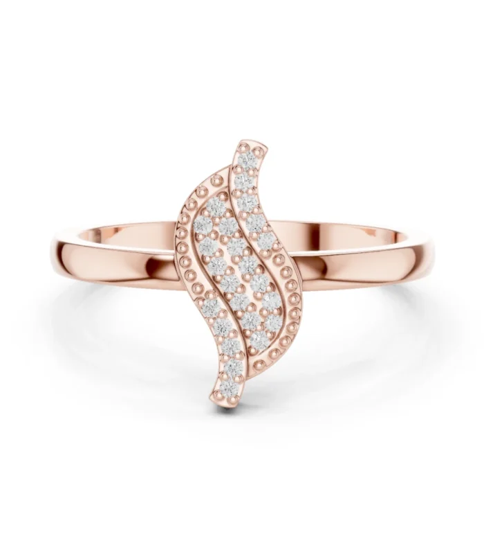 Marquise pave diamond ring in rose gold with elongated layered diamond design.