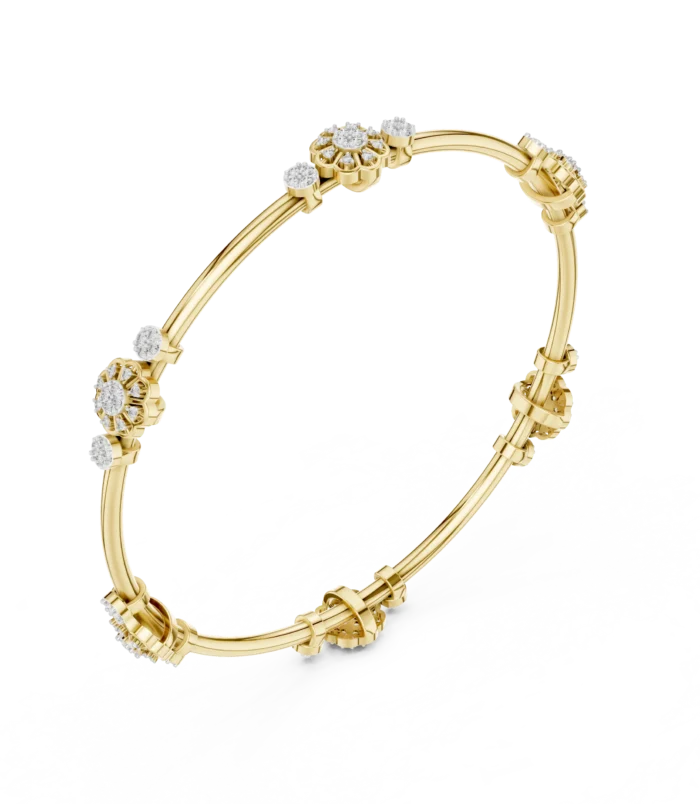 Yellow gold diamond floral knot bangle side view diamond bracelet
