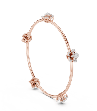 Rose gold floral cluster diamond bangle with round cut diamonds.