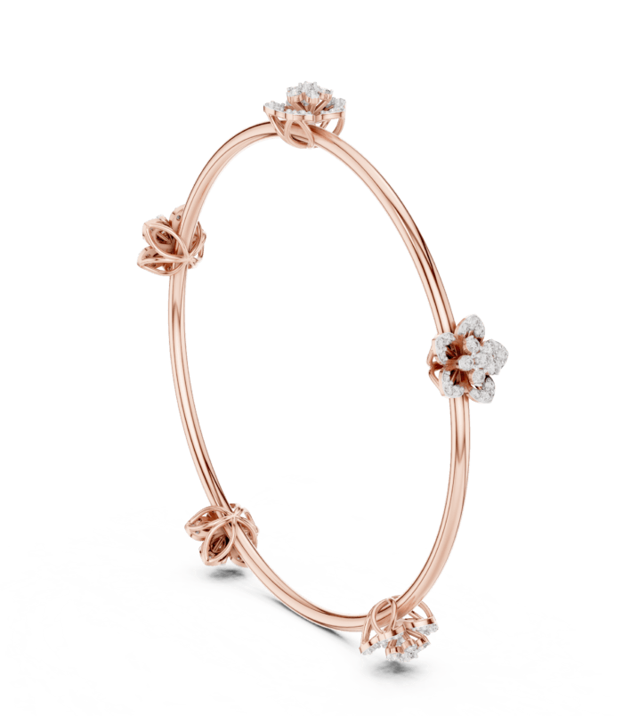 Rose gold floral cluster diamond bangle with round cut diamonds.