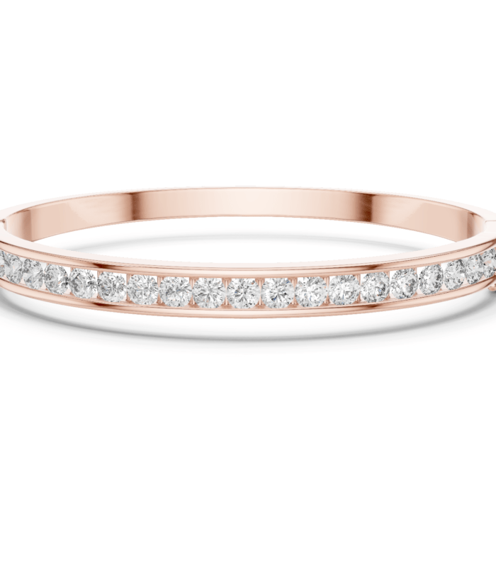 @R,GEM Rose gold channel-set round diamond bangle featuring sleek rows of securely set sparkling diamonds.