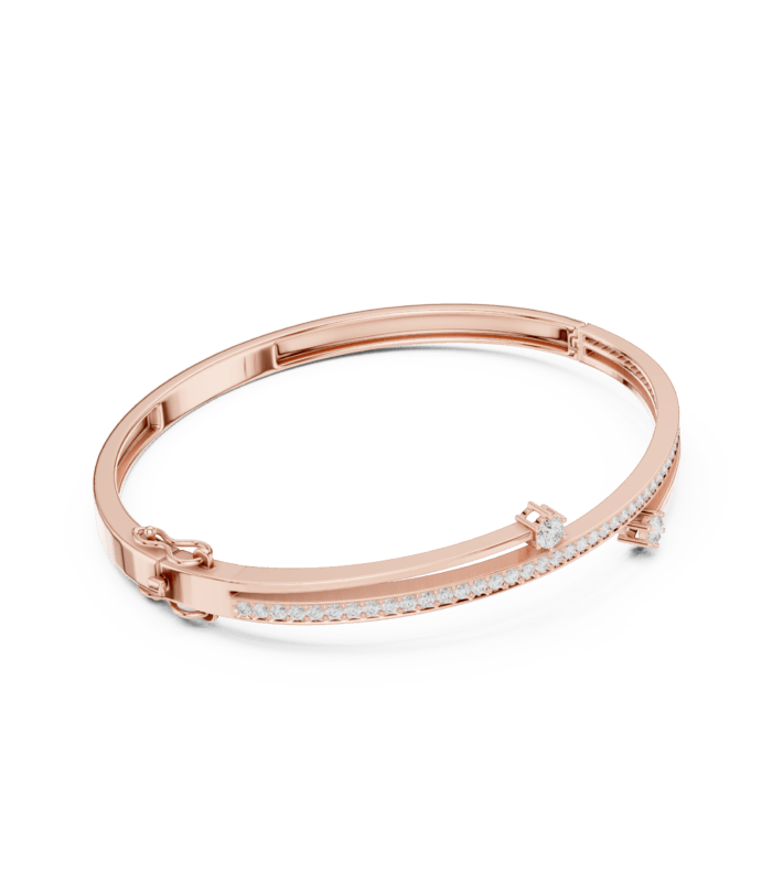 SBWB (13)@R-#viwe1 Rose Gold Wavy Three-Stone Diamond Bangle with three bezel-set round diamonds