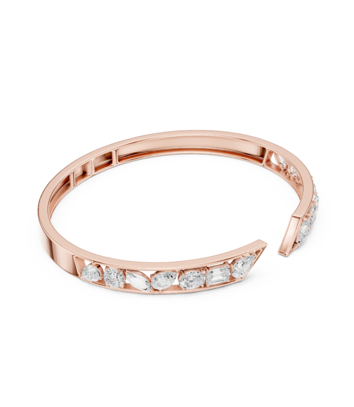 Rose Gold Open Channel Diamond Line Bangle with channel-set diamonds and prong-set accent diamonds