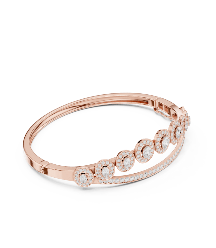 Rose Gold Open Circle Diamond Cuff Bangle with solitaire and circle cluster diamonds