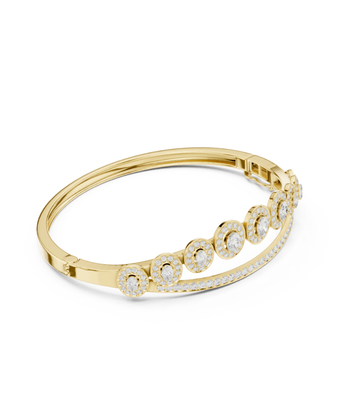 Yellow gold open circle diamond cuff bangle side view diamond bracelet