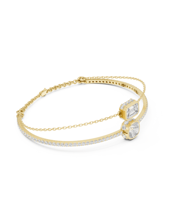 Yellow gold diamond halo station bangle side view diamond bracelet