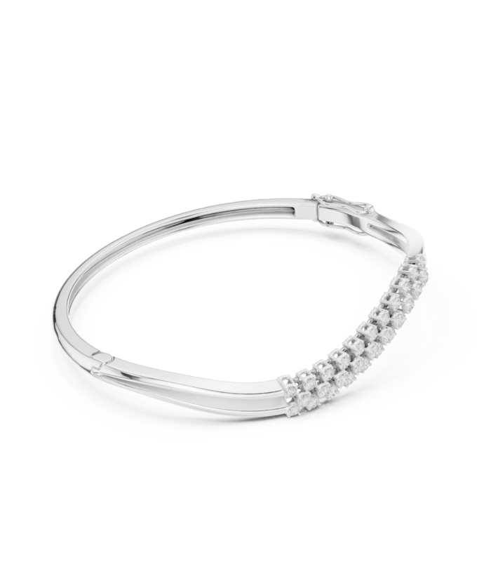 white-gold-cushion-radiant-double-stone-diamond-open-bangle-side-view White gold double stone diamond open bangle side view luxury bracelet