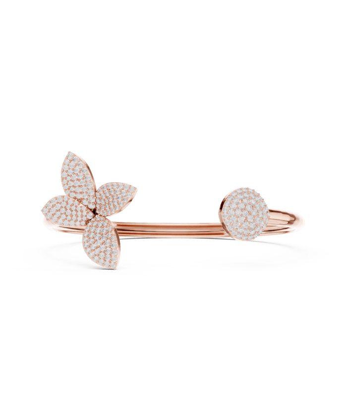 Rose gold butterfly diamond open bangle luxury diamond jewellery front view.