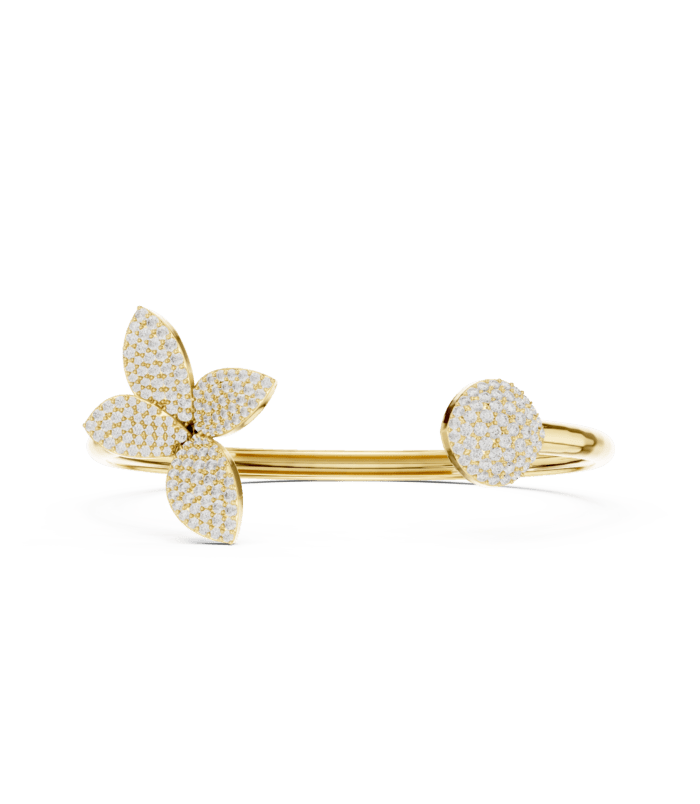 Yellow gold butterfly diamond open bangle luxury diamond jewellery front view.