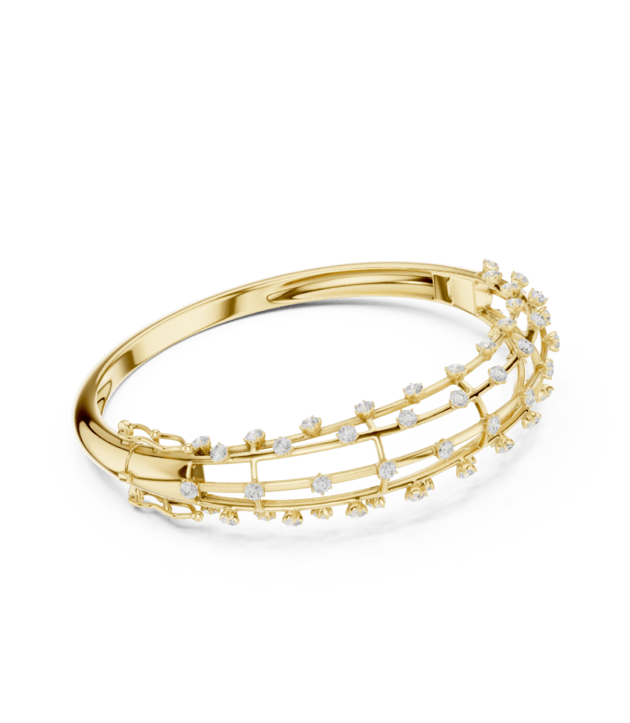 Yellow gold double row pave diamond bangle elegant diamond bracelet side view.
