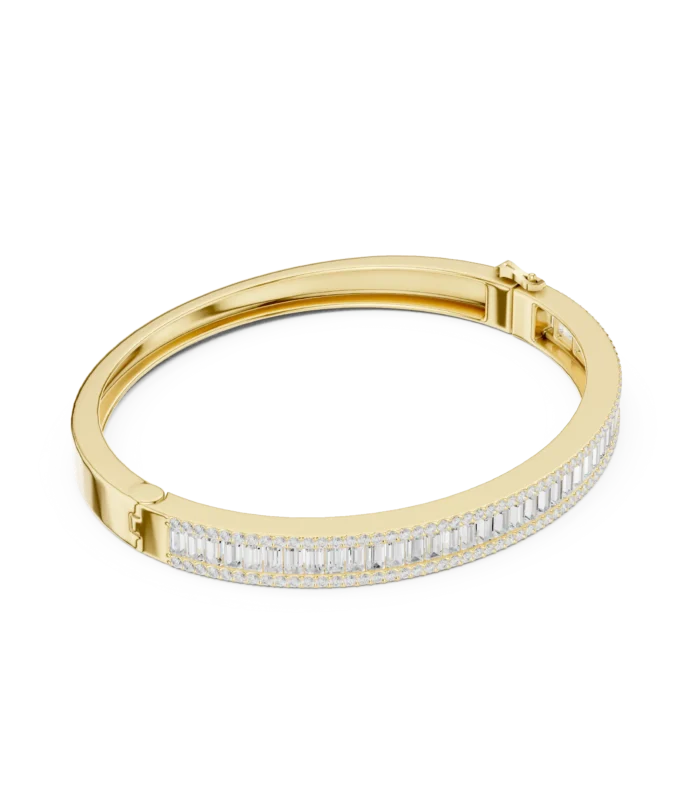 Yellow gold baguette diamond bangle side view diamond bracelet