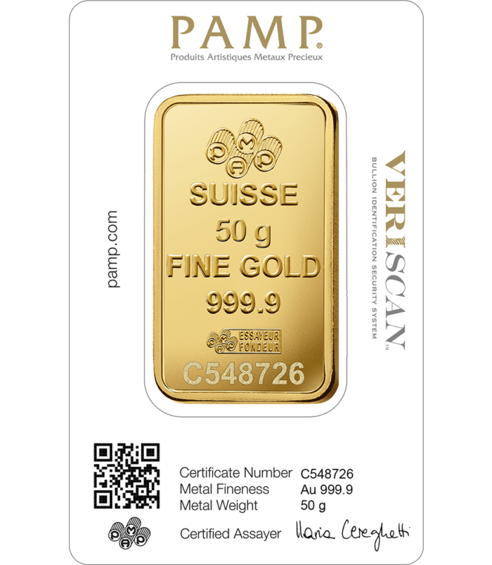 Certified 50 Gram Gold Bar 24KT by Diora Jewels